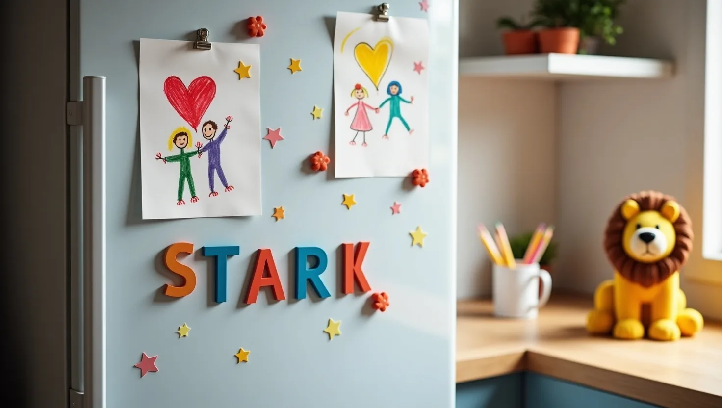 Colourful children’s drawings pinned on a fridge