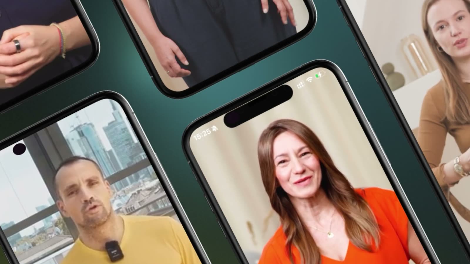 Several smartphones side by side, a coach speaking into the camera on each of them