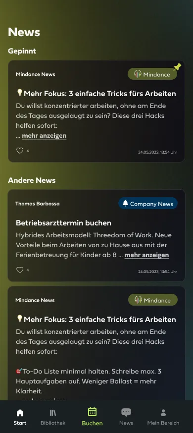 News section of the Mindance app (German version) with a pinned Mindance news item and a company news item about a company doctor appointment