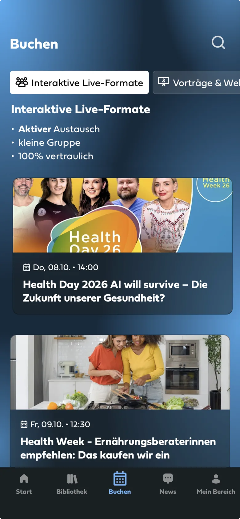 The booking area of the Mindance app with interactive live formats: Health Day 2026 on 8 October and a Health Week session on nutrition on 9 October