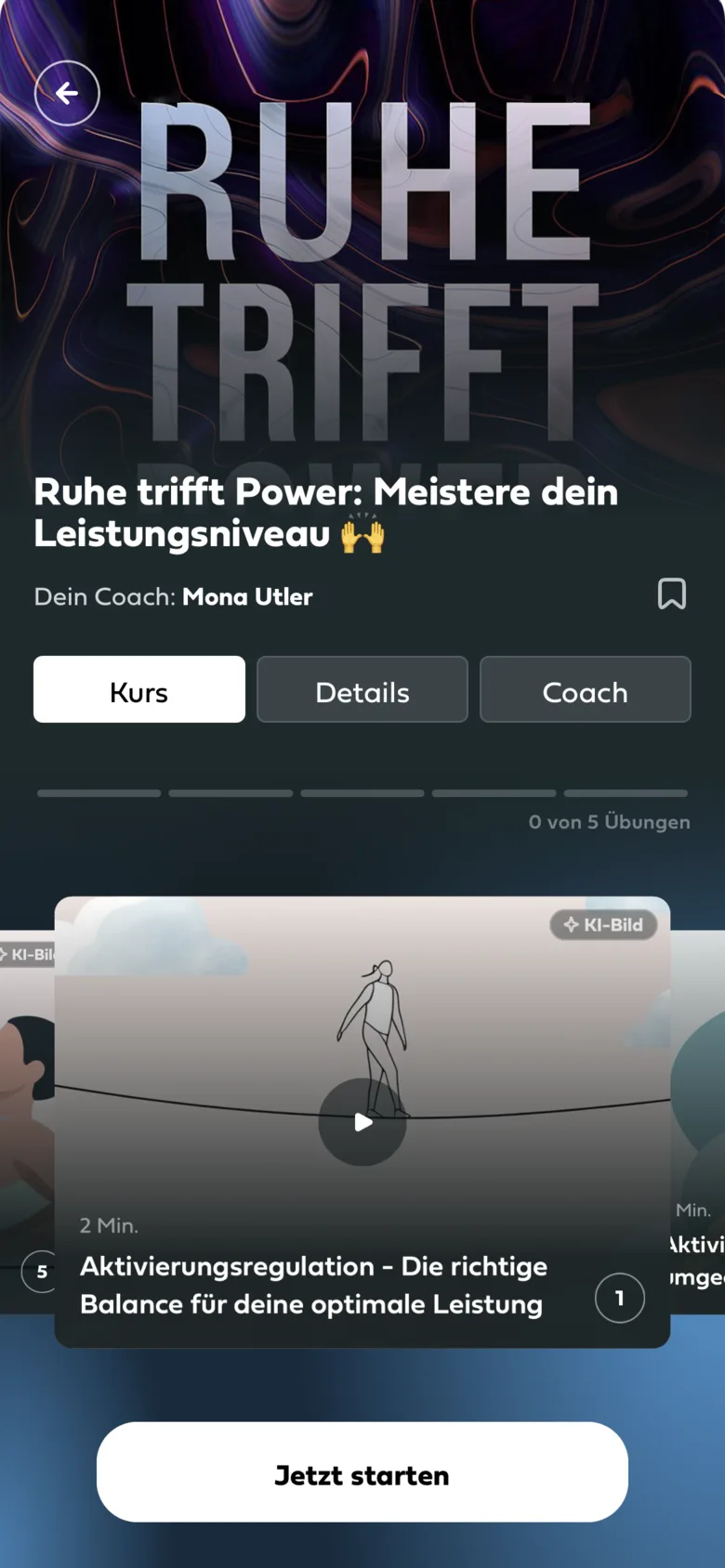 The course "Ruhe trifft Power" (calm meets power) in the Mindance app, with coach Mona Utler and its first exercise on activation regulation – the right balance for your best performance.
