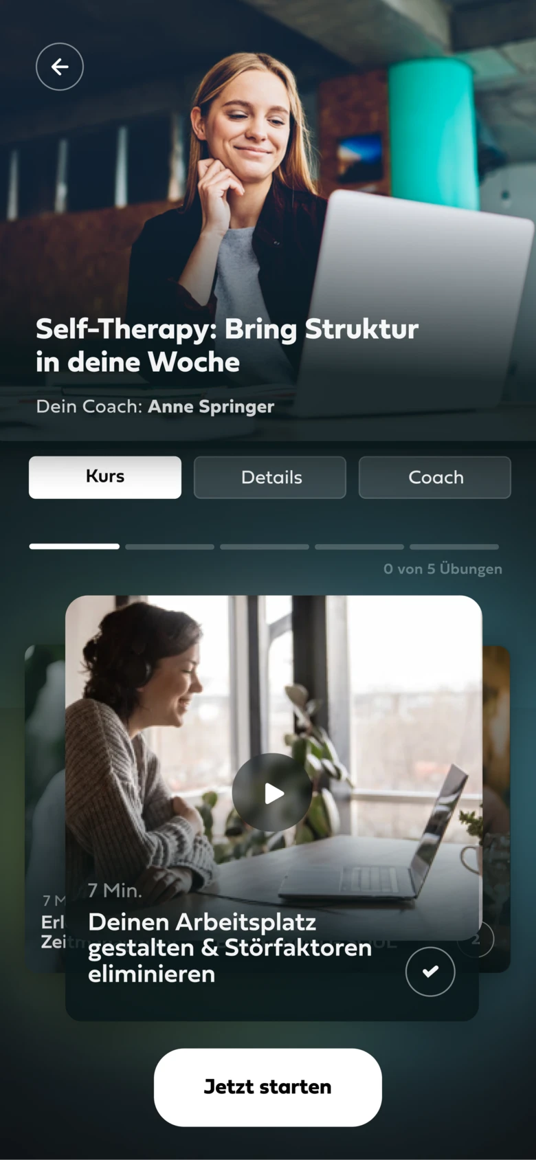 The course “Self-Therapy: Bring structure into your week” in the Mindance app with coach Anne Springer and the first of five exercises.