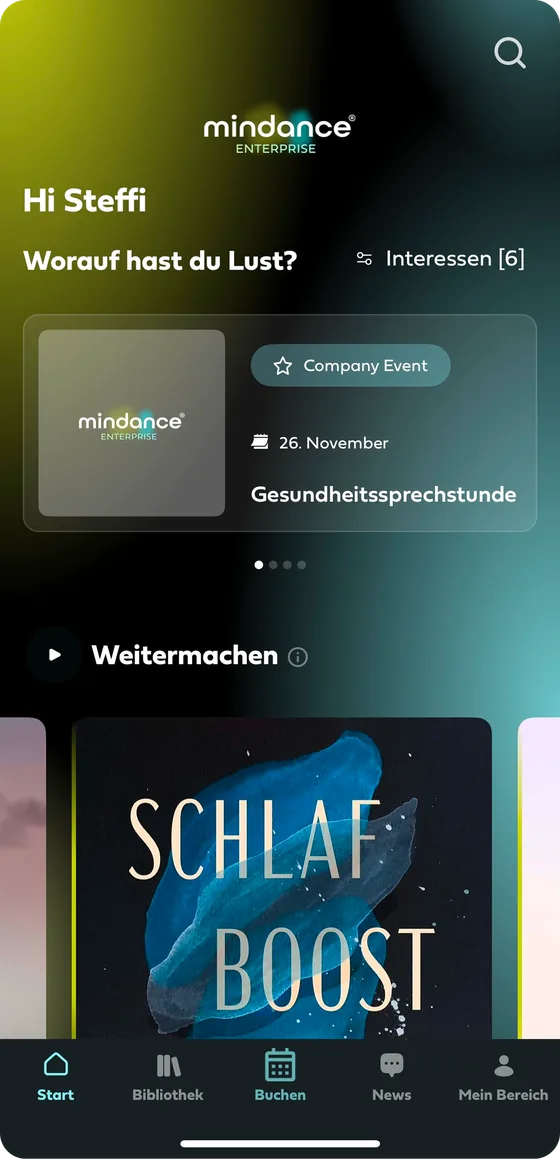 Startbildschirm der Mindance App mit der Frage „Worauf hast du Lust?“ und den gewählten Interessen
