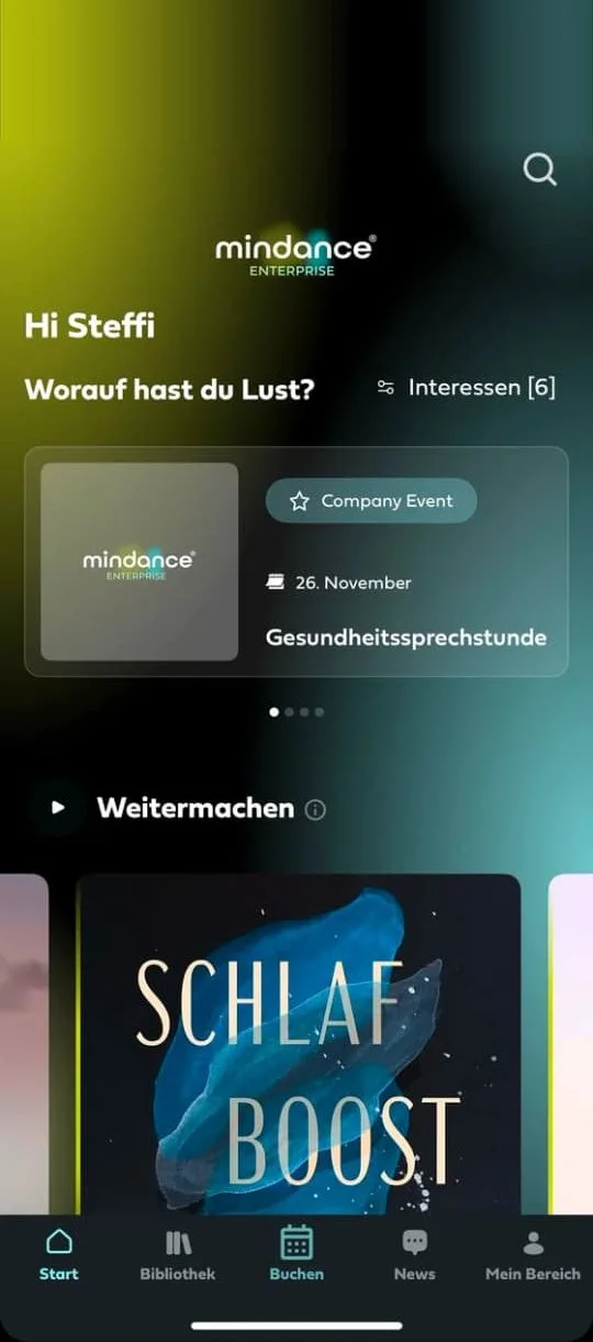 Home screen of the Mindance app with a personal greeting, an upcoming appointment and content already started.