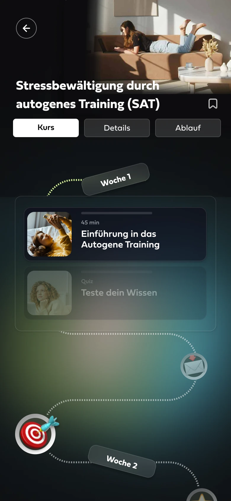 Course view of the prevention course “Stress management through autogenic training” in the Mindance app, showing weeks 1 and 2.