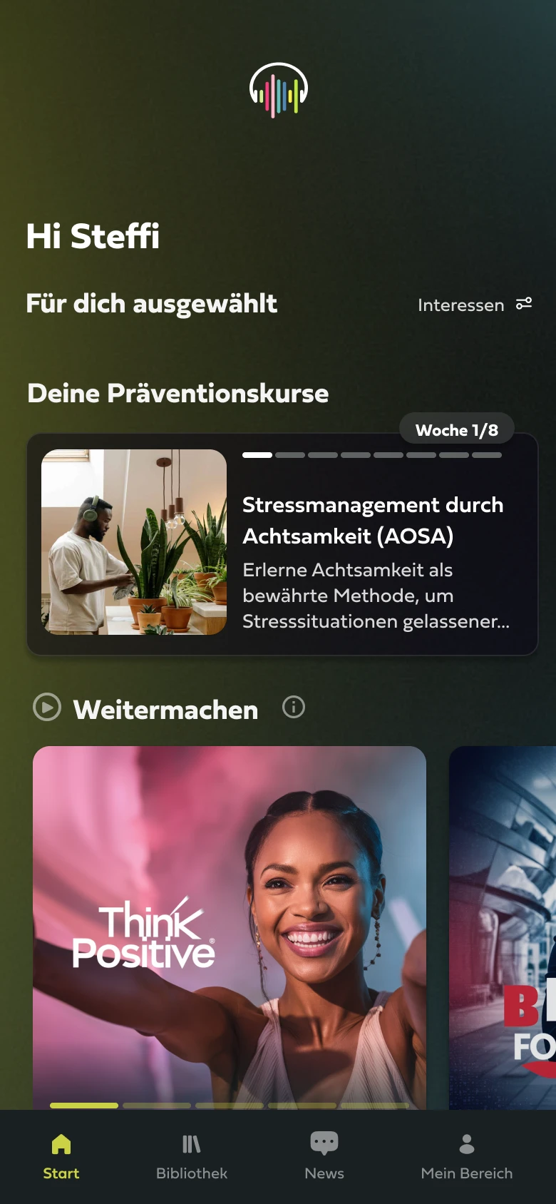 Home screen of the Mindance app with the ongoing prevention course “Stress management through mindfulness” in week 1 of 8.