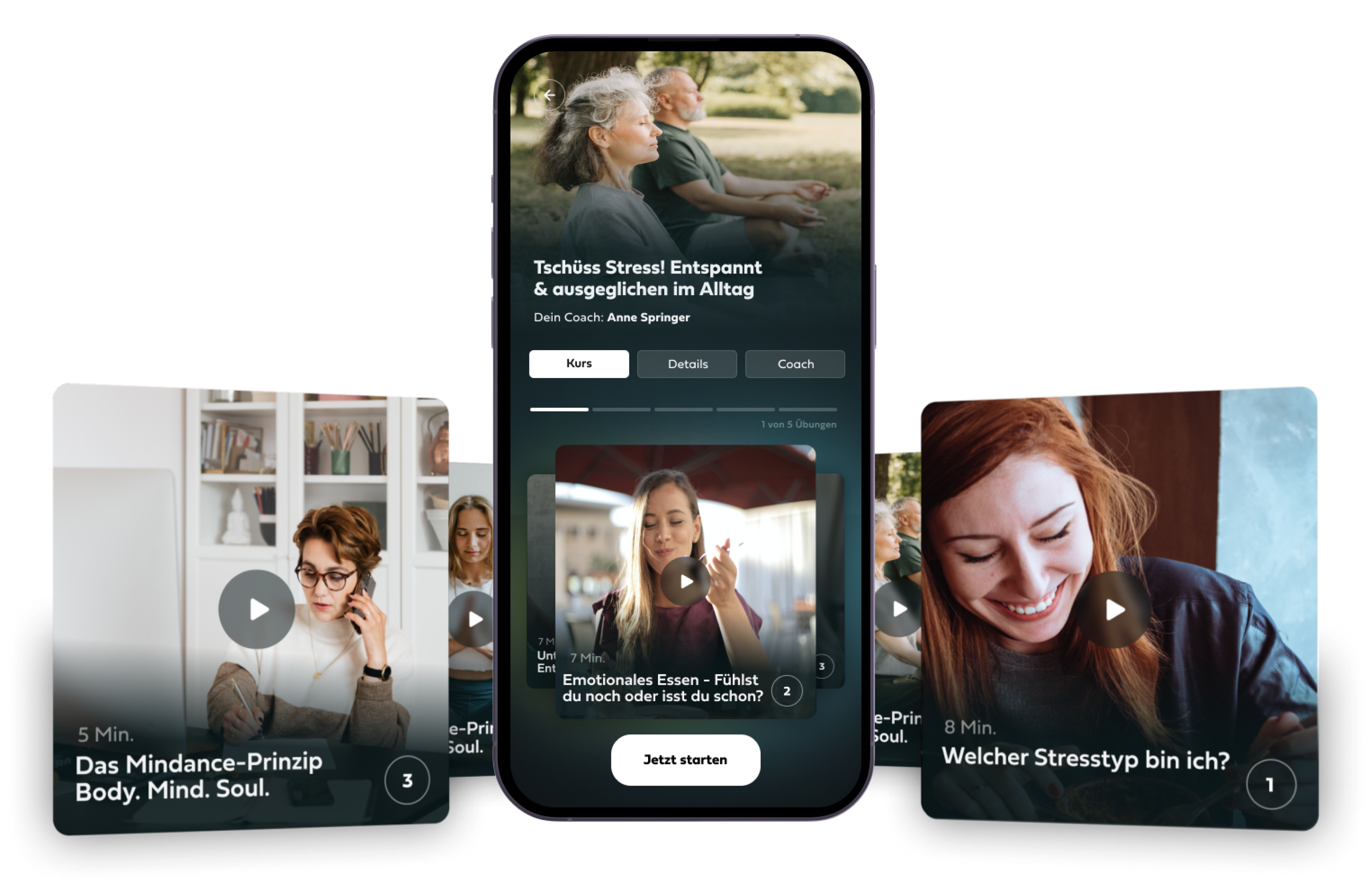 Ein Kurs in der Mindance App mit Videoübungen und weiteren Kurskacheln