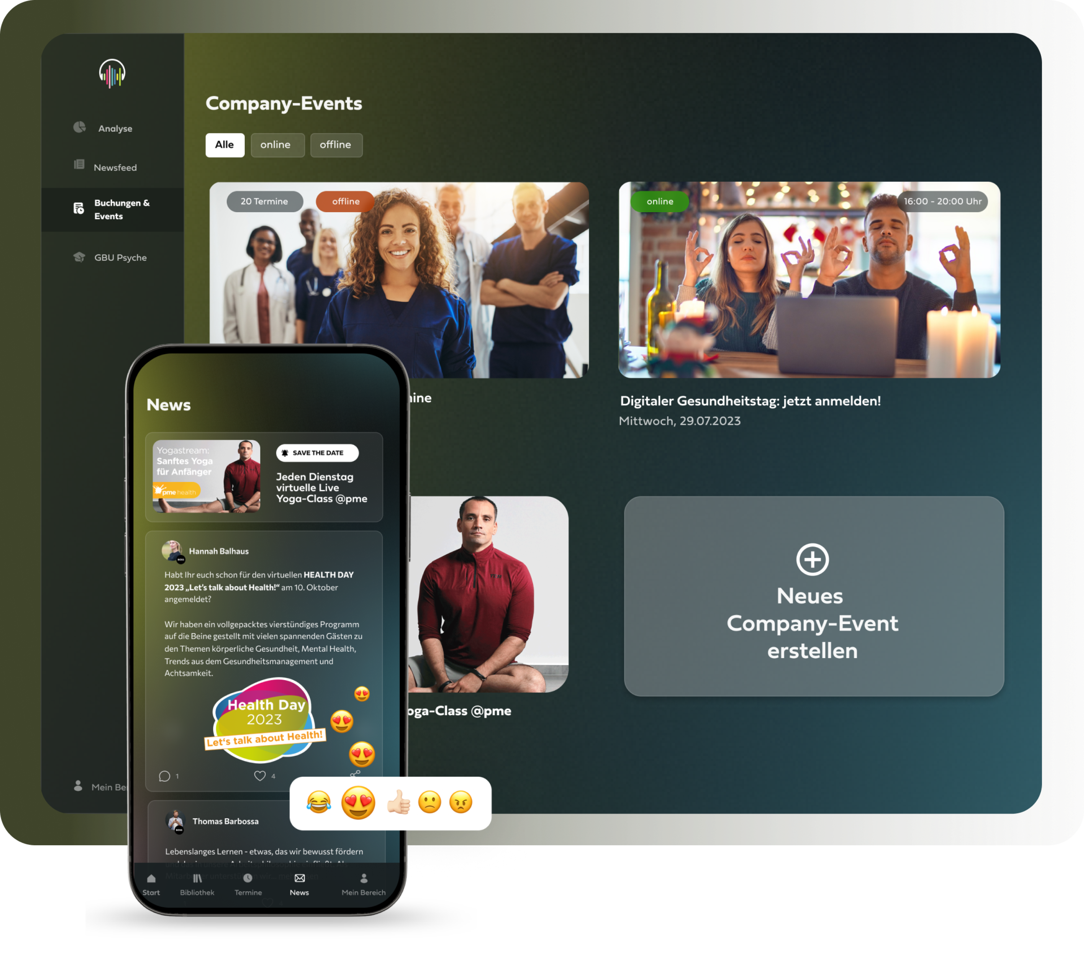 The company events view of the platform with booked dates, beside it the app showing the news feed of a health day