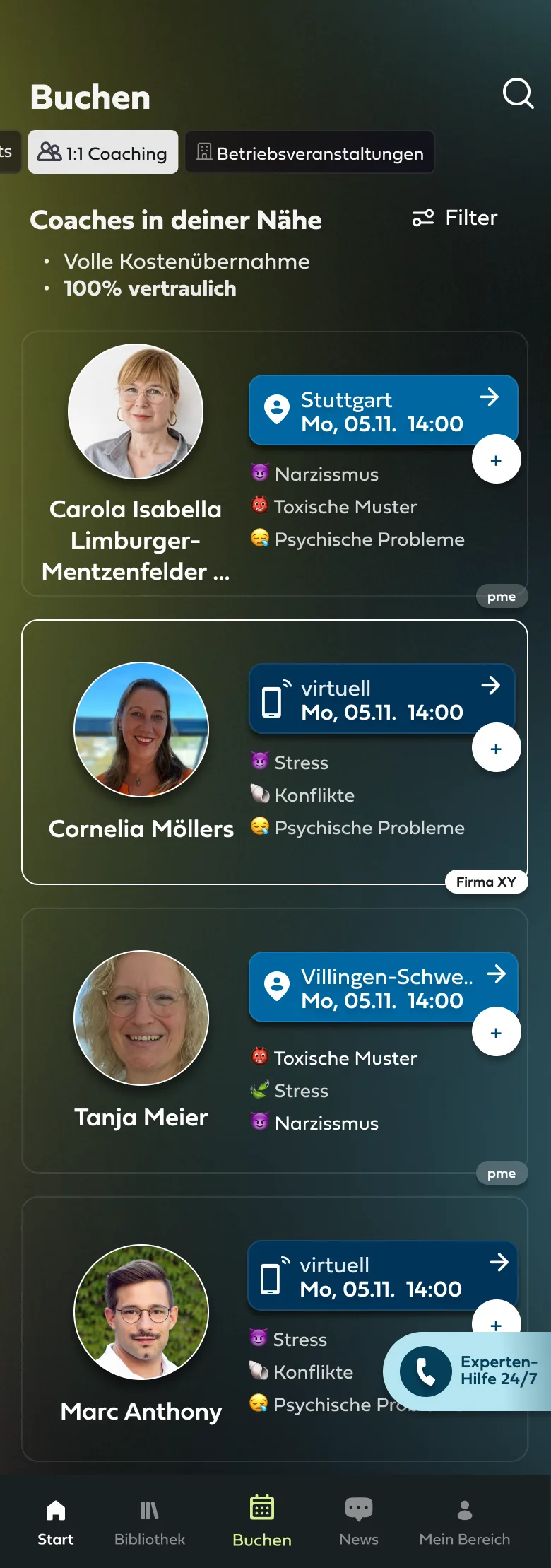 App screen “Book” (in German): coaches with photo, topics, on site or virtual, and the next available slot