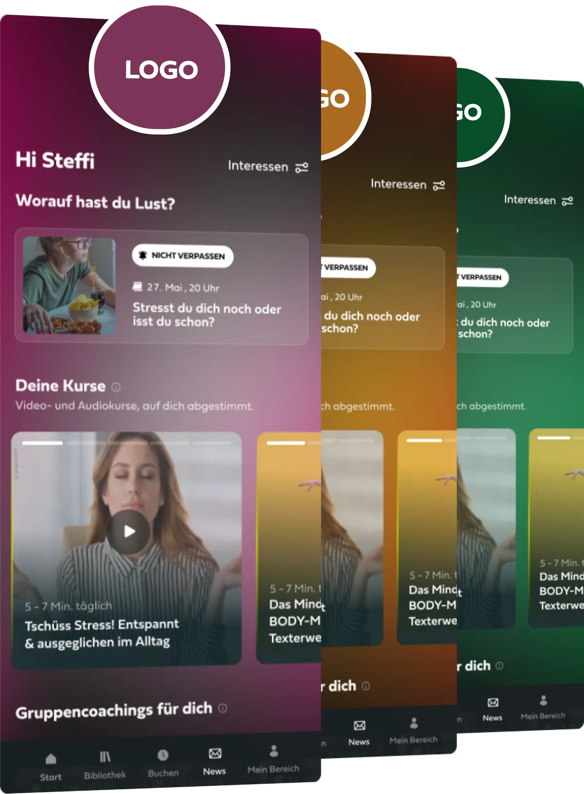 Der Startbildschirm der Mindance App in drei Firmenfarben, jeweils mit dem Logo des Unternehmens